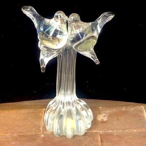 Vintage Mid-Century Modern Handmade Crystal 2 Love Birds on Tree Branch Figurine